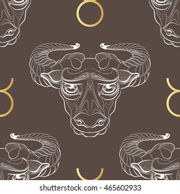 Hand drawn line art of decorative zodiac sign Taurus. Horoscope vintage seamless pattern in zentangle style. 