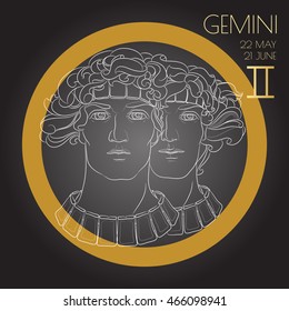 Hand drawn line art of decorative zodiac sign Geminir on black background. Horoscope vintage card in zentangle style. 