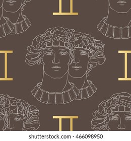Hand drawn line art of decorative zodiac sign Gemini. Horoscope vintage seamless pattern in zentangle style. 