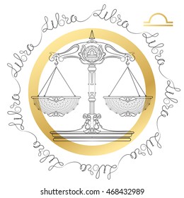 Hand drawn line art of decorative zodiac sign Libra on white background. Horoscope vintage card in zentangle style with words. 