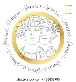 Hand drawn line art of decorative zodiac sign Gemini on white background. Horoscope vintage card in zentangle style with words. 