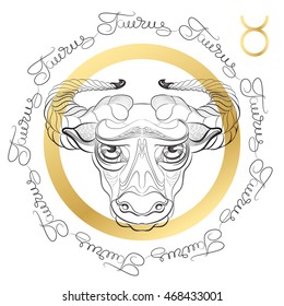 Hand drawn line art of decorative zodiac sign Taurus on white background. Horoscope vintage card in zentangle style with words. 