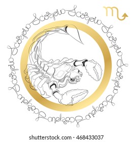 Hand drawn line art of decorative zodiac sign Scorpio on white background. Horoscope vintage card in zentangle style with words. 