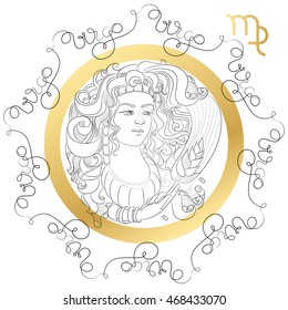 Hand drawn line art of decorative zodiac sign Virgo on white background. Horoscope vintage card in zentangle style with words. 