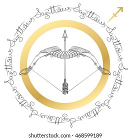 Hand drawn line art of decorative zodiac sign Sagittarius on white background. Horoscope vintage card in zentangle style with words. 