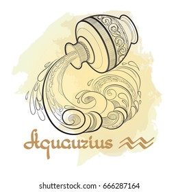 Hand drawn line art of decorative zodiac sign Aquarius on white background. Horoscope vintage card in doodle style with handwritten word.