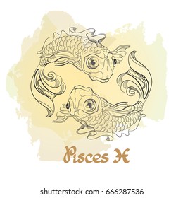 Hand drawn line art of decorative zodiac sign Pisces on white background. Horoscope vintage card in doodle style with handwritten word.