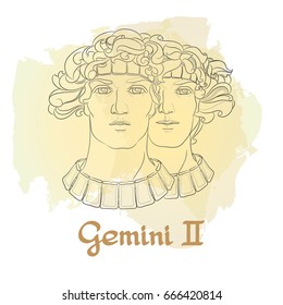 Hand drawn line art of decorative zodiac sign Gemini on white background. Horoscope vintage card in doodle style with handwritten word.