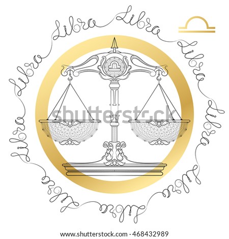 Hand drawn line art of decorative zodiac sign Libra on white background. Horoscope vintage card in zentangle style with words. 