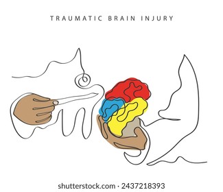 Hand drawn line art depicting Brain Injury. Traumatic Brain Injury Awareness flashcard. Concussion and Brain structure damage.
