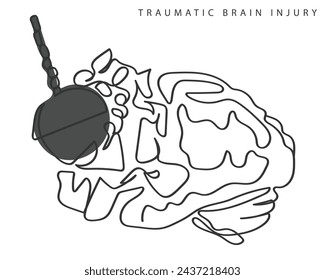 Hand drawn line art depicting Brain Injury. Traumatic Brain Injury Awareness flashcard. Concussion and Brain structure damage.