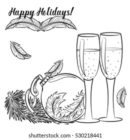 Hand drawn line art design for coloring book page. Ink holiday background with champagne glasses feathers christmas decorations. New Year coloring page design.