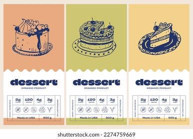 Hand drawn line art dessert vector packaging label design template. Boho style illustration of elegant signs and badges for cafe, restaurant, food and drinks products.