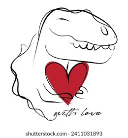 Hand drawn line art of dinosaur holding heart. svg