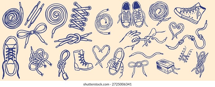 Hand drawn line art displays varied knots, bows, laces and sneakers for patterns, stickers, tutorial graphics, and playful branding.