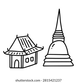 A hand drawn line art doodle icon of thai pavilion sala and chedi tower, a minimal outline vector illustration of Thai Buddhist temple architecture.