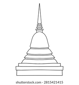A hand drawn line art doodle icon of bell shaped thai chedi on stepped platform, a minimal outline vector illustration of Thai Buddhist temple architecture.