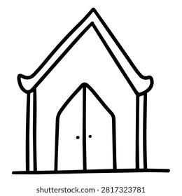A hand drawn line art doodle icon of thai ubosot front view with columns, a minimal outline vector illustration of Thai Buddhist temple architecture.