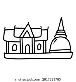 A hand drawn line art doodle icon of thai ubosot hall and chedi tower, a minimal outline vector illustration of Thai Buddhist temple architecture.