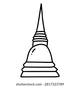 A hand drawn line art doodle icon of slender thai chedi tower, a minimal outline vector illustration of Thai Buddhist temple architecture.