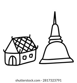 A hand drawn line art doodle icon of thai viharn hall and chedi tower, a minimal outline vector illustration of Thai Buddhist temple architecture.