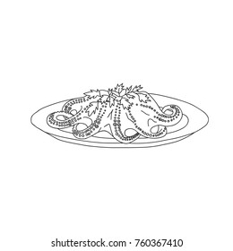 Hand drawn line art doodle vector illustration delicacy dish stewed grilled octopus with garnish on plate coloring page menu template