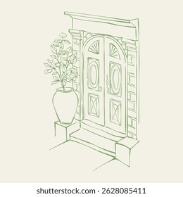 Hand drawn line art door. Mediterranean doorway with arched doors. Whimsical ink sketch of old European town house entrance for card invitation, poster, print. Vector vintage architecture illustration
