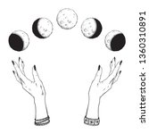 Hand drawn line art and dot work moon phases in hands of witch isolated. Boho chic flash tattoo, poster, altar veil or tapestry print design vector illustration