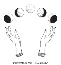 Hand drawn line art and dot work moon phases in hands of witch isolated. Boho chic flash tattoo, poster, altar veil or tapestry print design vector illustration
