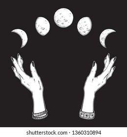 Hand drawn line art and dot work moon phases in hands of witch isolated. Boho chic flash tattoo, poster, altar veil or tapestry print design vector illustration