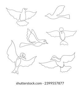 Hand drawn line art doves vector logo set (sign, symbol, icon, illustration).