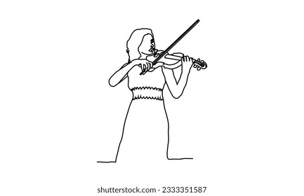 Hand drawn line art drawing of a woman playing violin vector illustration