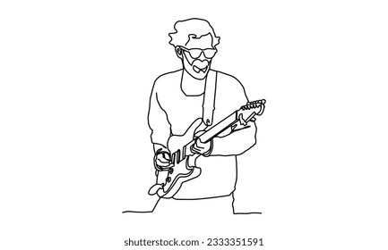 Hand drawn line art drawing of a male playing guitar vector illustration