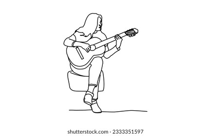 Hand drawn line art drawing of a female playing guitar vector illustration