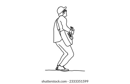 Hand drawn line art drawing of a boy playing guitar vector illustration