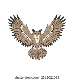 Hand drawn line art eagle-owl flying isolated on white background. Nocturnal bird vector illustration.