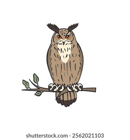 Hand drawn line art eagle-owl sitting on tree branch isolated on white background. Nocturnal bird vector illustration.