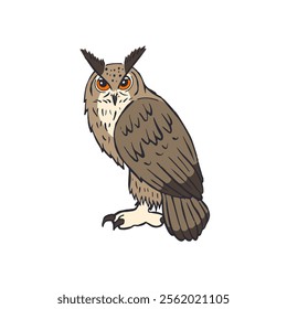 Hand drawn line art eagle-owl standing isolated on white background. Nocturnal bird vector illustration.