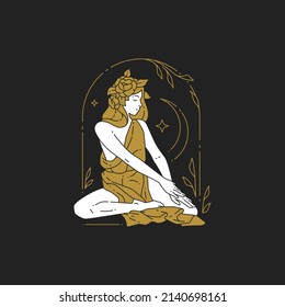 Hand drawn line art esoteric antique woman in underwear wearing blossom flower head outline logo vector illustration. Simple icon meditation magic female sitting at bloom half moon stars circle frame