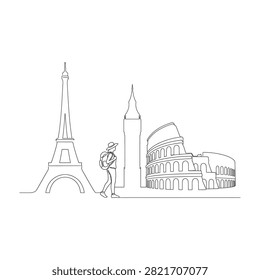 Hand drawn line art of famous Parisian monuments including the Eiffel Tower and Sacre Coeur basilica. Ideal for travel designs.