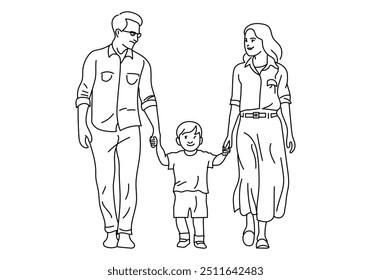 Hand drawn line art father mother and children walking together ,parenthood concept.FAmily