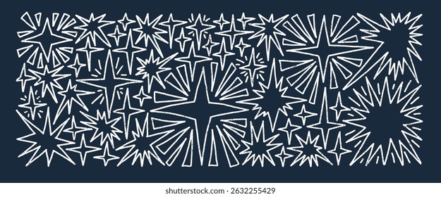 Estrelas cintilantes de fogos de artifício desenhadas à mão. Espaço brilho crayon formas e bings pack. Cometas e piscando no céu noturno. Ilustração vetorial por lápis ou cera de cera isolada sobre fundo escuro.