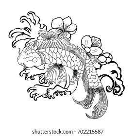 Hand drawn line art of fish (Koi carp). Vector isolated. Idea for tattoo and coloring books.Traditional Japanese culture for printing on background.