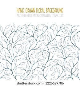 Hand Drawn Line Art Floral Pattern On White Background With Handwritten Alphabet.
Simple Floral Outline Pattern Sketch Drawing.