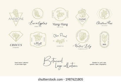 Hand drawn line art floral vector logo design collection. Botanical illustrations of elegant signs and badges for beauty, cosmetics, spa and wellness, fashion, wedding agency.
