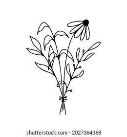 Hand drawn line art flower bouquet isolated on white background. Floral vector arrangement for tattoo design, birthday card, romantic holiday, wedding and Valentines day. Botanical vector composition