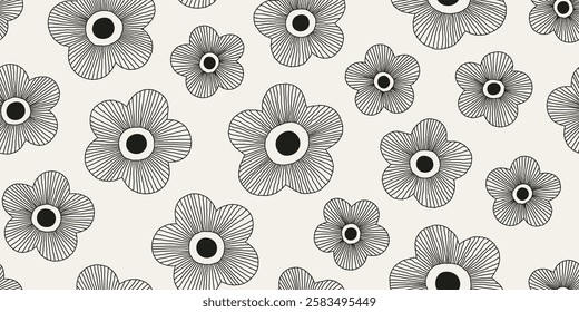 Hand drawn line art flower seamless pattern. Abstract floral doodle pattern. Design for fabric, cover, wrapping, wallpaper.