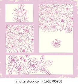 Hand drawn line art flowers in pink color. Roses bouquet and  leaves on square, vertical card, horizontal banner background. Botanical ink illustration for holiday design background and wedding.