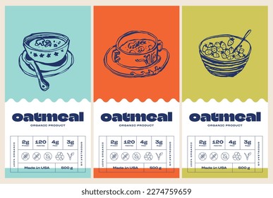 Hand drawn line art food vector packaging label design template. Boho style illustration of elegant signs and badges for cafe, restaurant, food and drinks products.