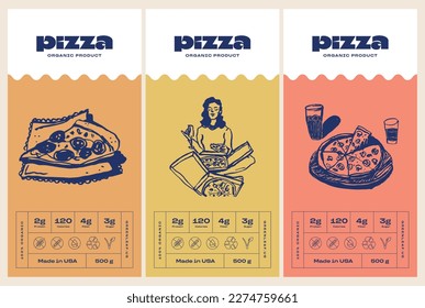 Hand drawn line art food vector packaging label design template. Boho style illustration of elegant signs and badges for cafe, restaurant, food and drinks products.